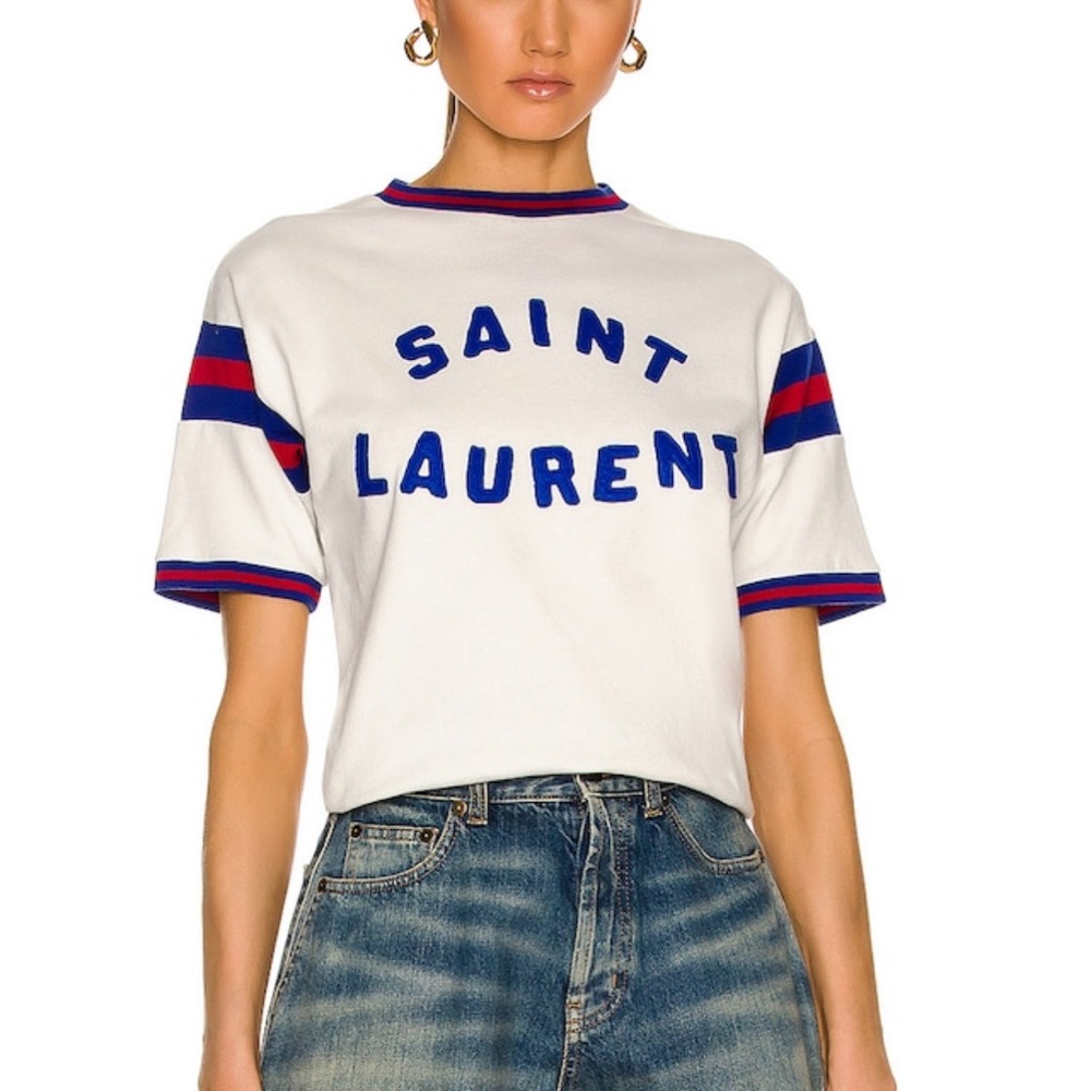Saint Laurent Sport Vintage T-Shirt in Dirty Ecru, Bleu, & Rouge